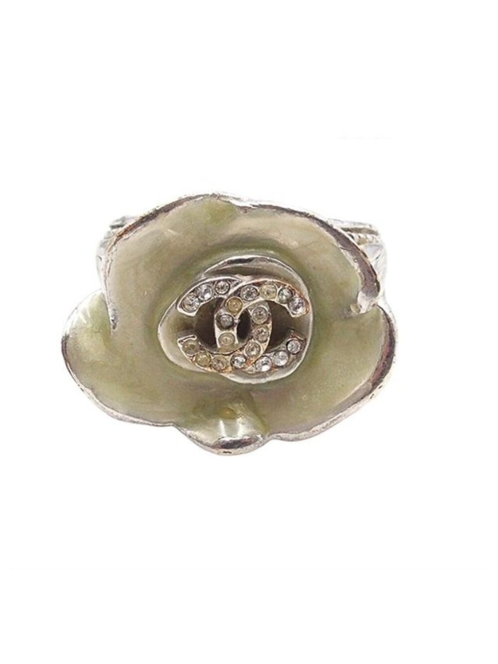 Chanel Camellia Silver Metal CC Logo Rhinestone Ring